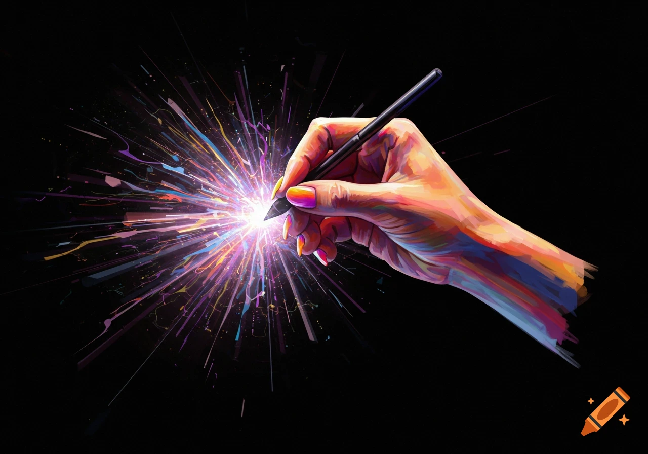A stylized, vibrant hand holds a digital pen that emits a bright burst of colorful light against a black background, suggesting creativity.