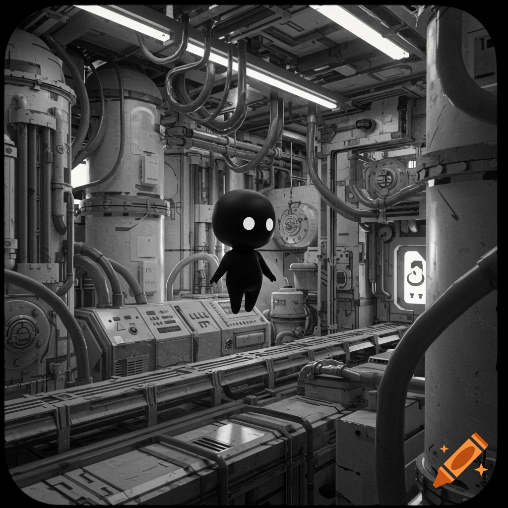 A small, black, round figure with glowing white eyes floats in a detailed, black and white industrial lab.