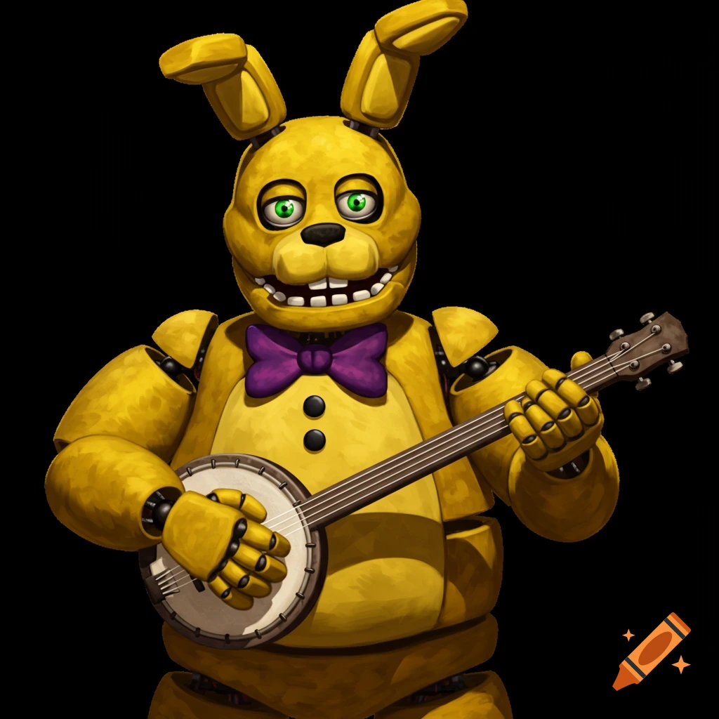 A yellow rabbit animatronic with a purple bowtie plays a banjo against a black background.