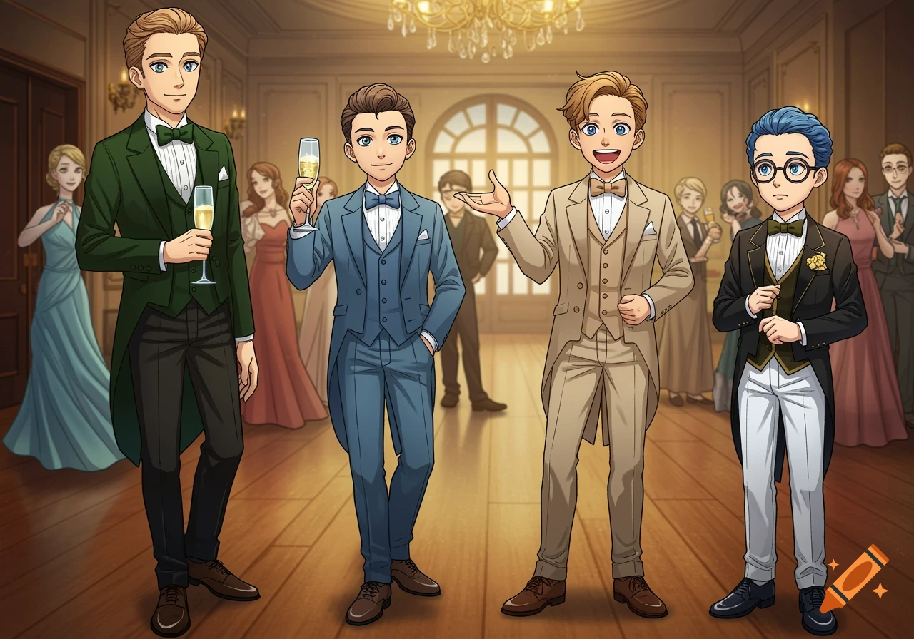 Anime-style illustration of four teenage boys in formal tuxedos standing in a grand ballroom.