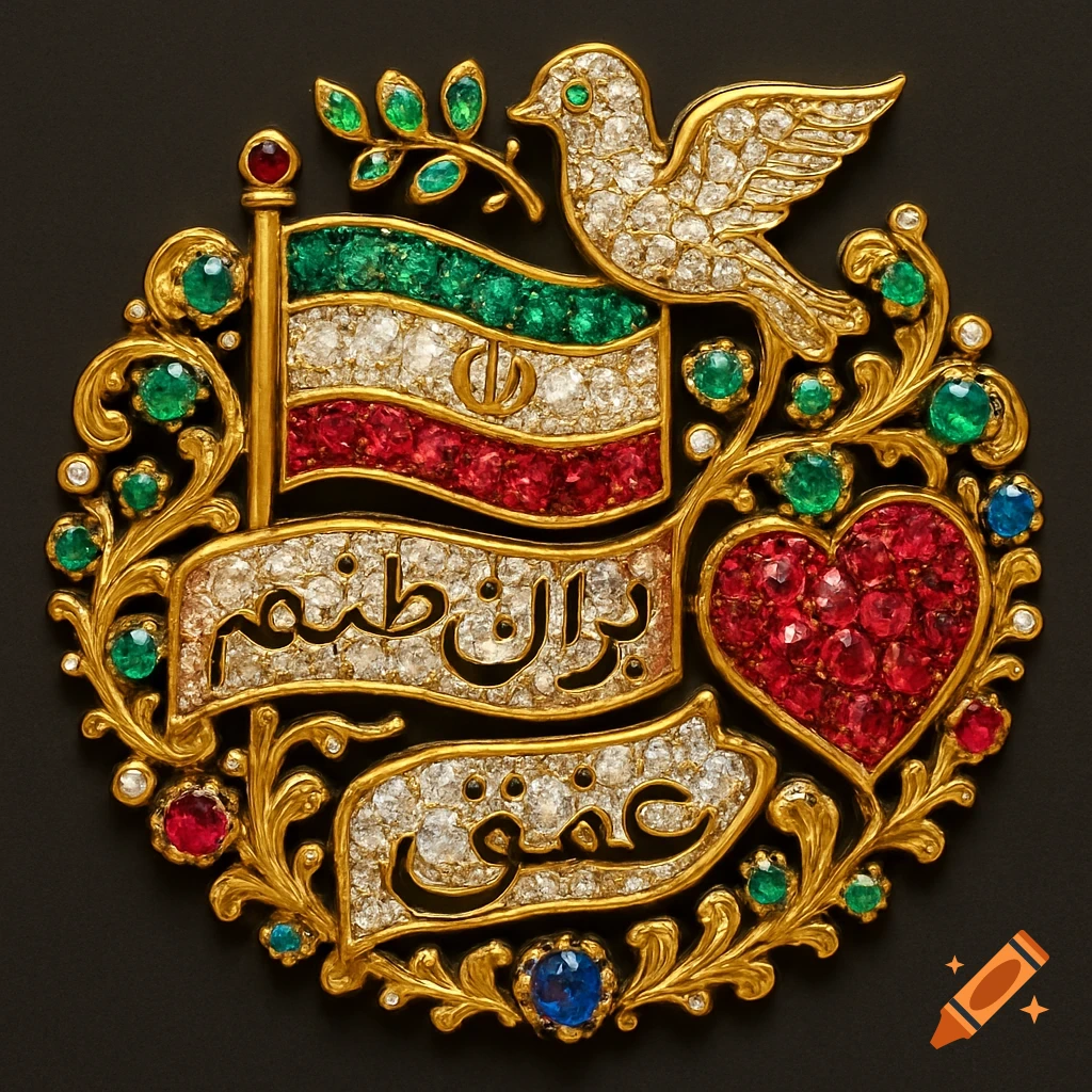 A close-up of an ornate golden brooch adorned with colorful gems, depicting the Iranian flag, a dove, a heart, and Persian text.