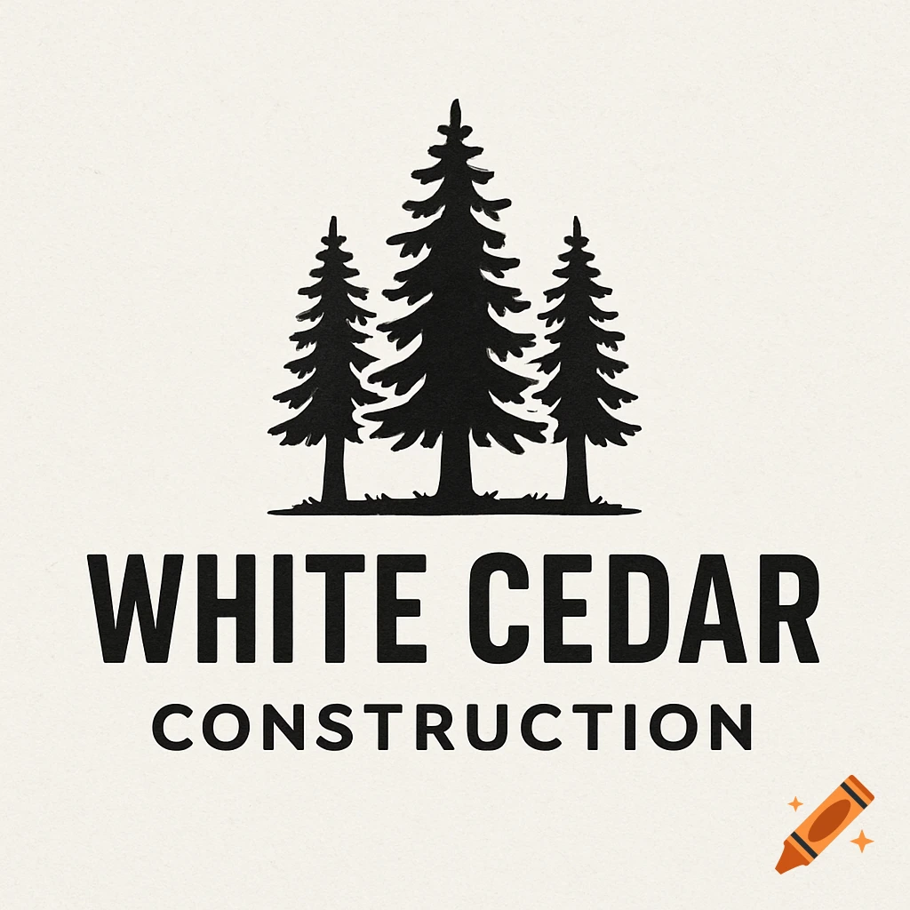 Black and white logo for White Cedar Construction featuring three cedar trees.