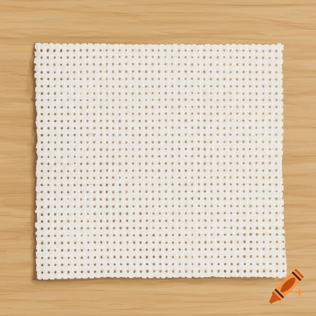 A square of white aida fabric with small holes lies flat on a light brown wooden table, viewed from directly above.