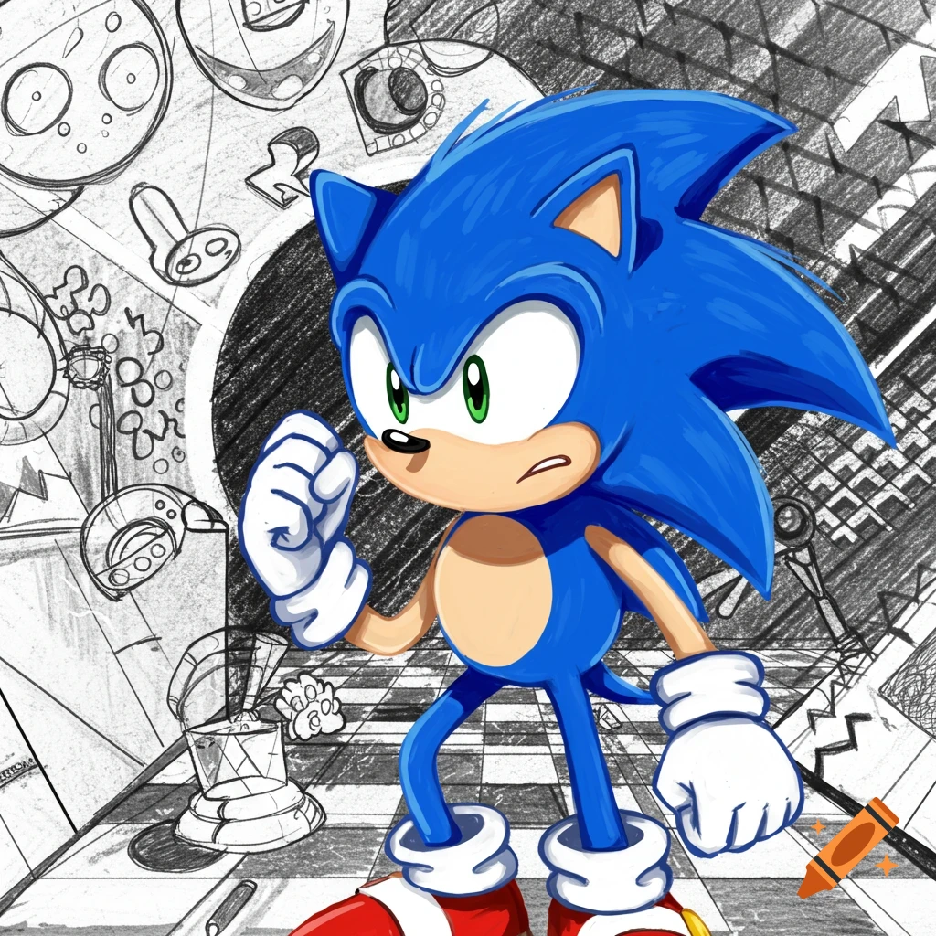 Sonic the Hedgehog stands in a dynamic pose with a clenched fist against a black and white sketch background.