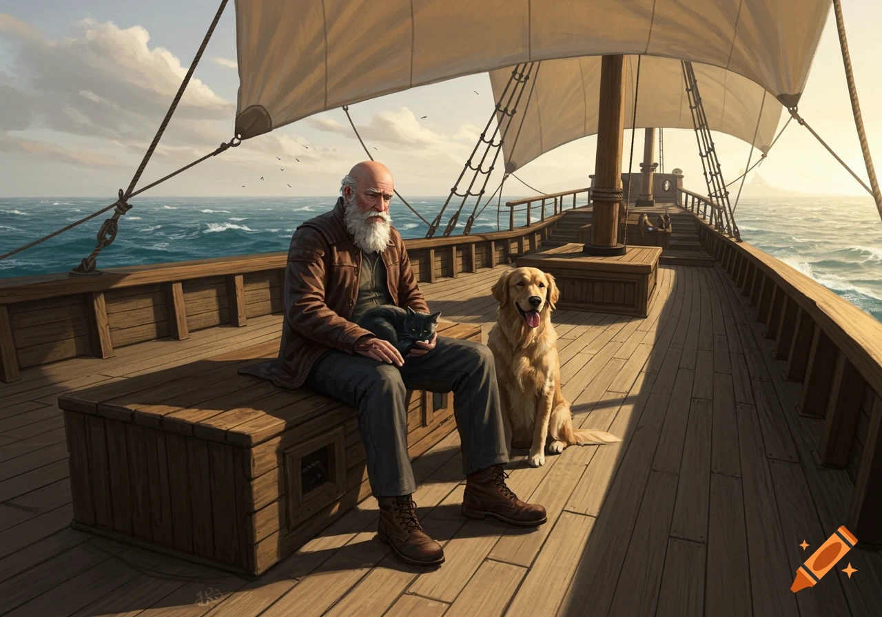 An old man with a long beard sits on a wooden ship deck with a black cat on his lap and a golden retriever beside him, sailing on the ocean under a cloudy sky.