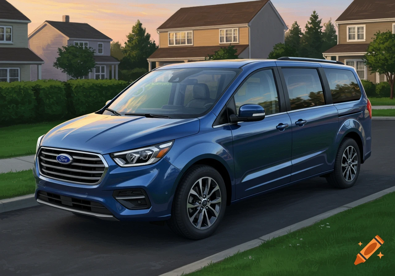 A blue Ford minivan is parked on a driveway in a suburban neighborhood under an evening sky.