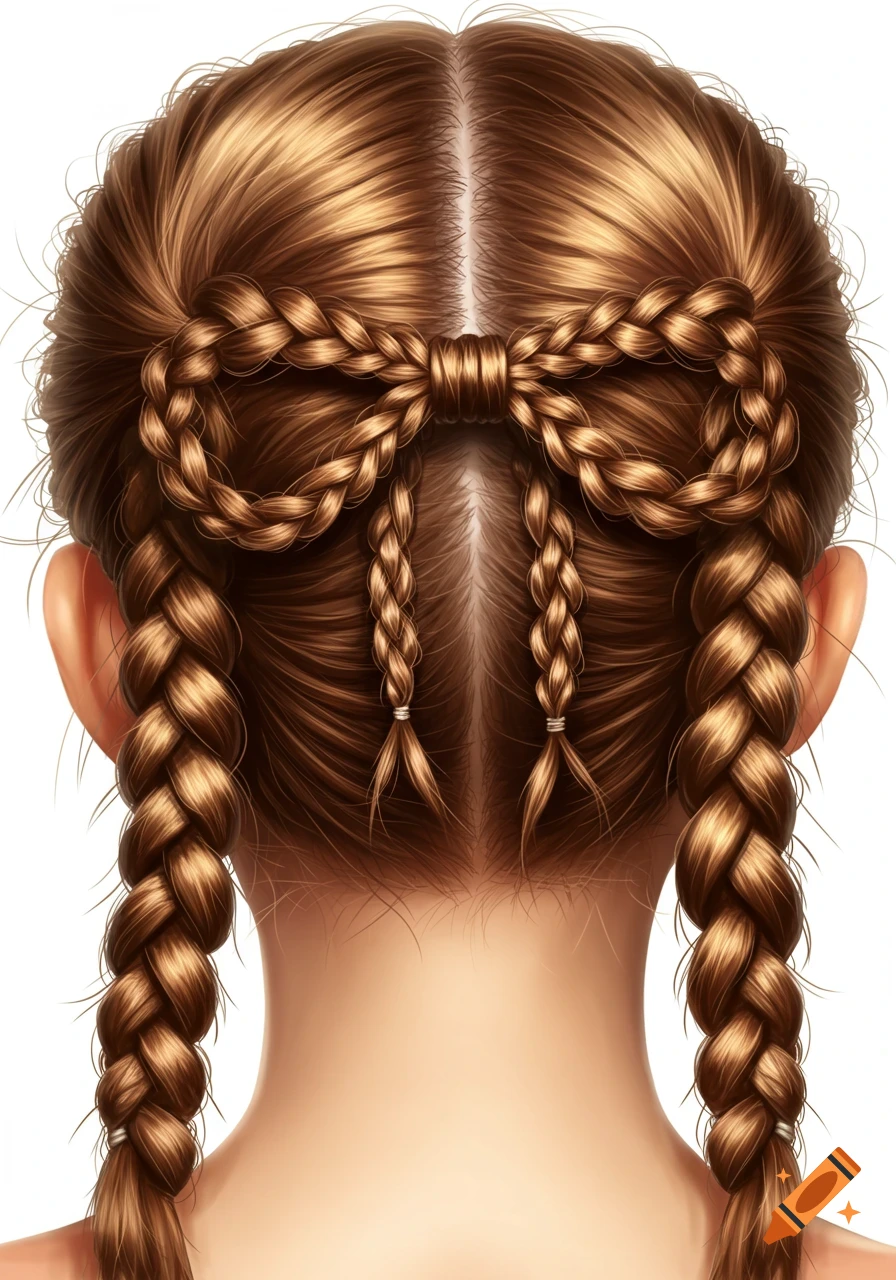 Back view of a person's head with brown hair styled in two pigtail French braids, tied at the crown to form a hair bow.