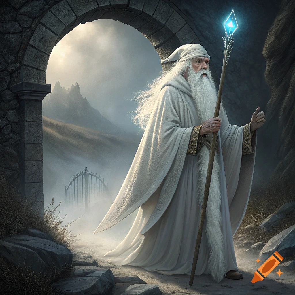 A photorealistic image of an elderly wizard in white robes holding a glowing staff under a stone archway, with a misty mountain landscape in the background.