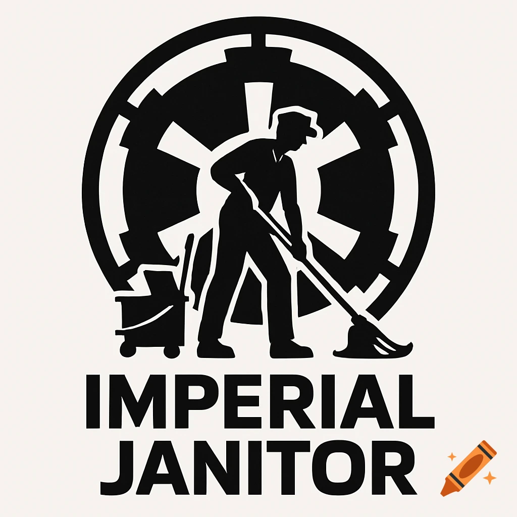 Black and white logo of a janitor mopping in front of the Star Wars Imperial cog symbol with text 'IMPERIAL JANITOR'.