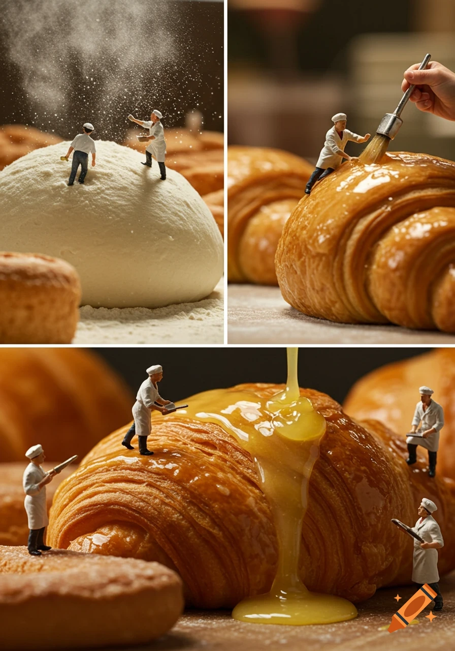 Miniature chefs work on a massive ball of dough and glaze a giant croissant, macro photography style.