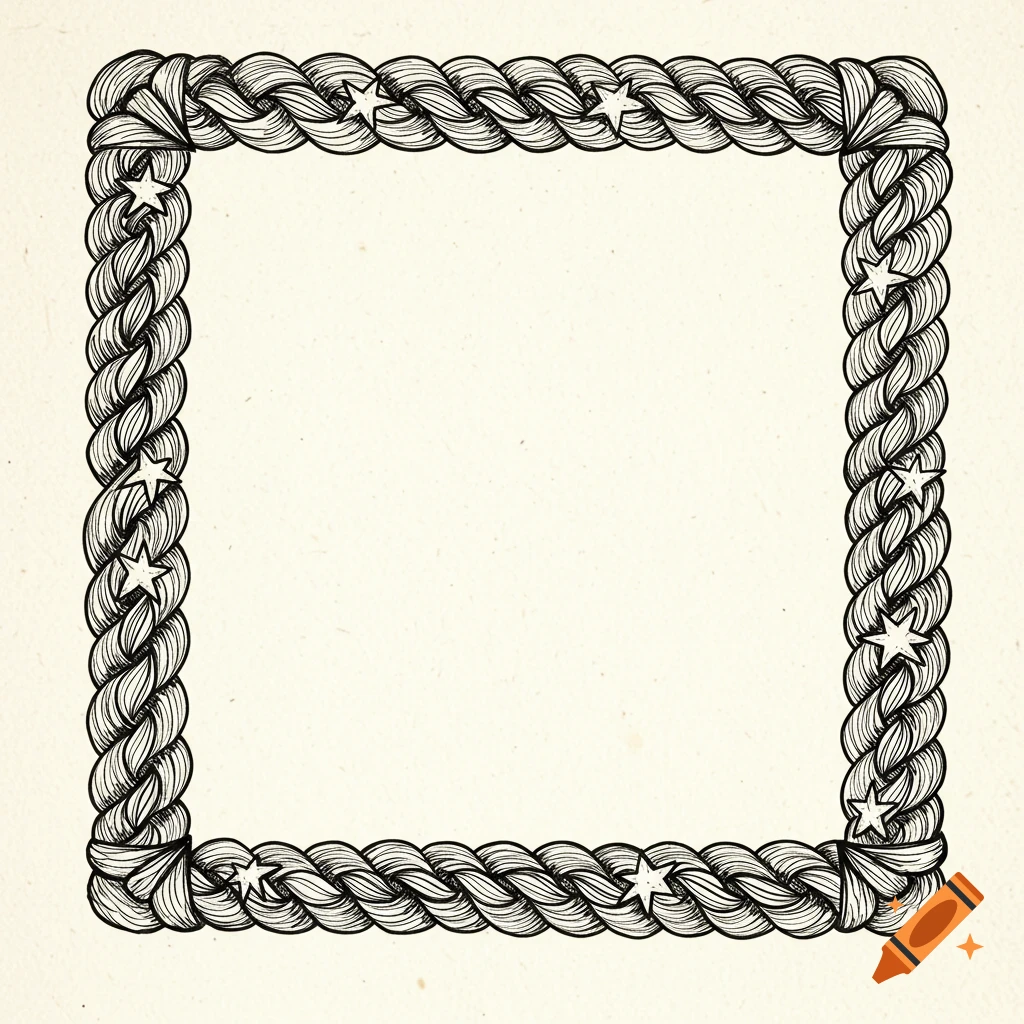 A square line drawing frame made of braided rope, decorated with small stars, on a textured off-white background.