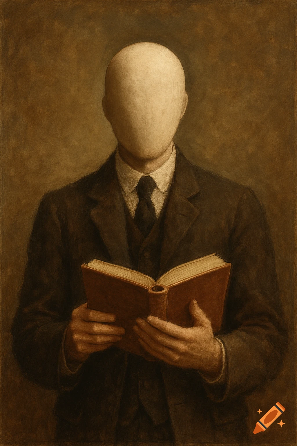 A sepia-toned painterly portrait of a faceless man in a suit holding an open book.