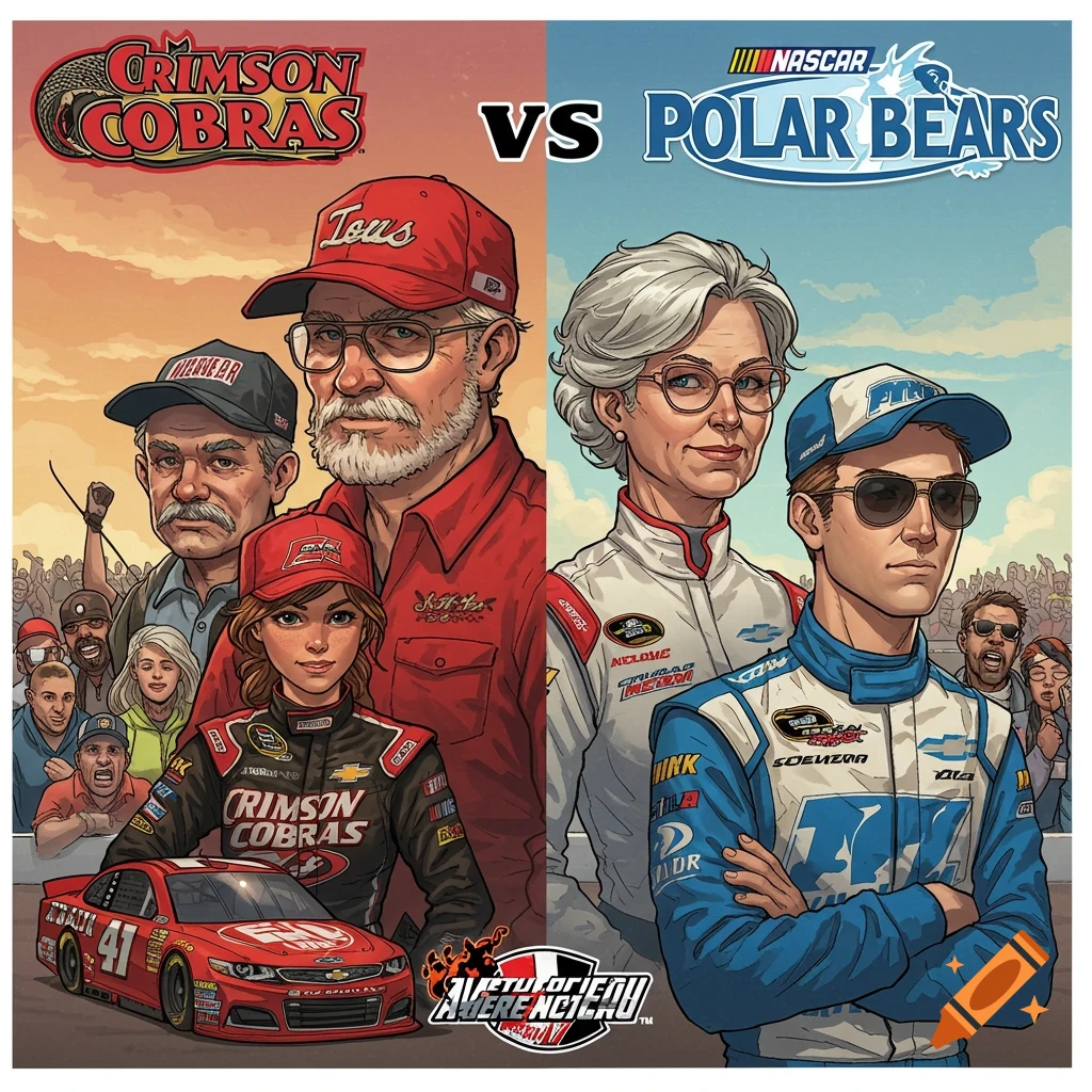 A stylized comic book cover showing two rival NASCAR families. On the left, the 'Crimson Cobras' feature a male team owner, a male crew member, and a female driver with her red race car. On the right, the 'Polar Bears' feature an older female team owner and a male driver. The background shows a crowd at a racetrack.