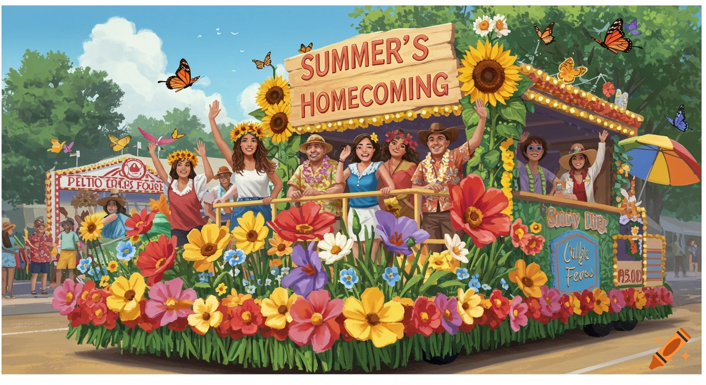 A colorful parade float adorned with an abundance of vibrant flowers and green foliage. Several people wave from atop the float, which features a large wooden sign reading 'SUMMER'S HOMECOMING.' Butterflies flutter around the scene under a bright blue sky.