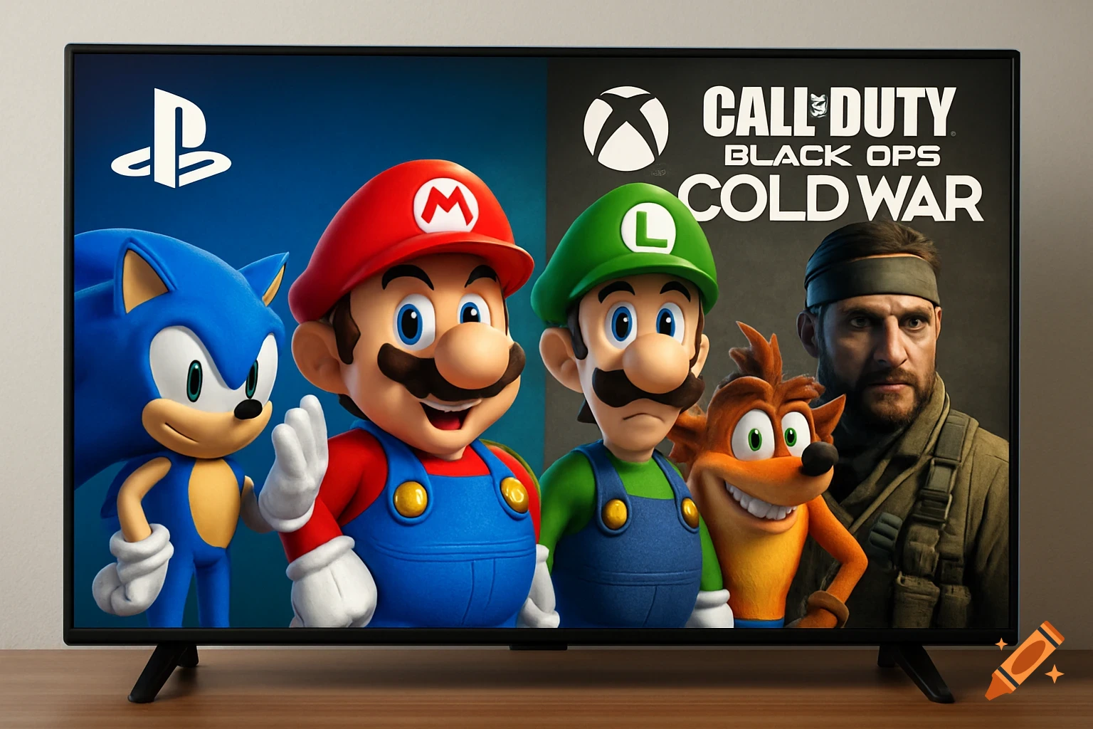 A TV displays a split screen with game characters: Sonic, Mario, and Luigi with PlayStation logo, and Crash, Sgt. Weaver with Xbox logo and Call of Duty title.