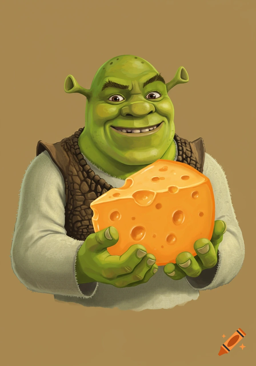 Shrek, the green ogre, smiles while holding a large wedge of orange Swiss cheese.