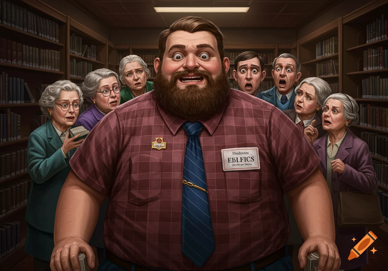 A large, bearded man in a plaid shirt and tie looks shocked, surrounded by several elderly people with wide eyes and open mouths in a library setting.