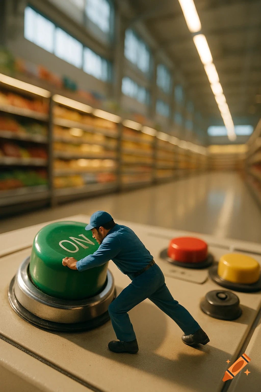 A tiny worker in a blue uniform pushes a giant green 'ON' button on a control panel in a supermarket, rendered in a macro photography style.
