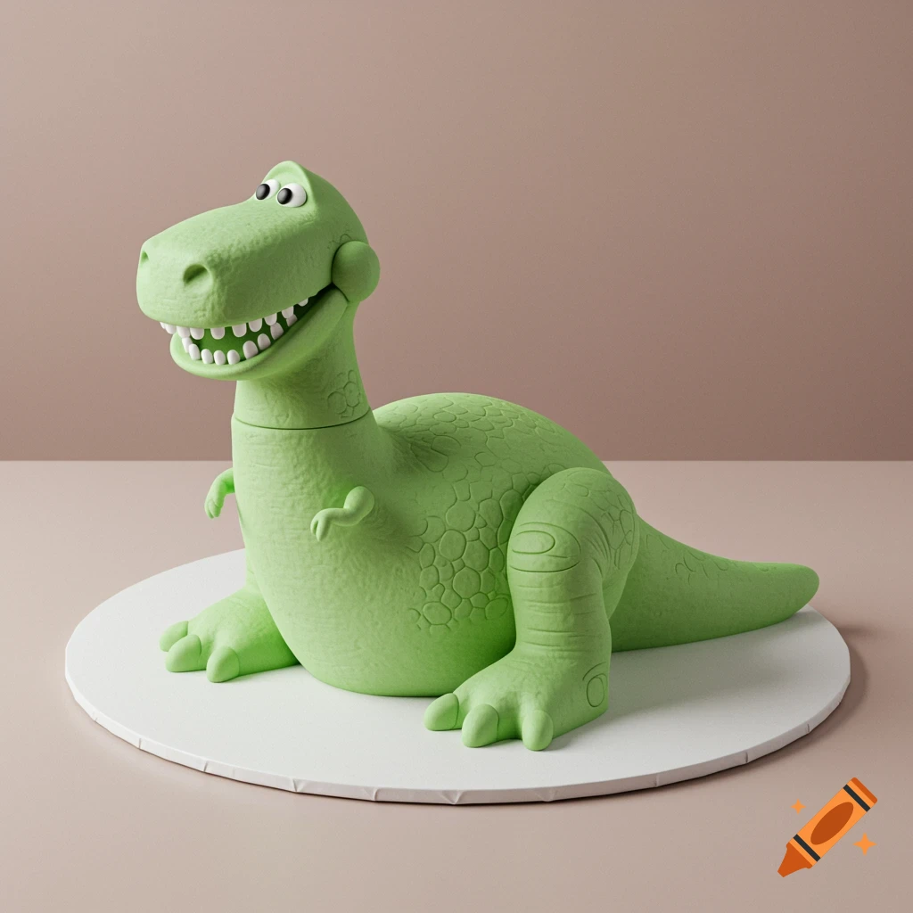 A photorealistic light green dinosaur, resembling Rex from Toy Story, sitting on a white circular base.