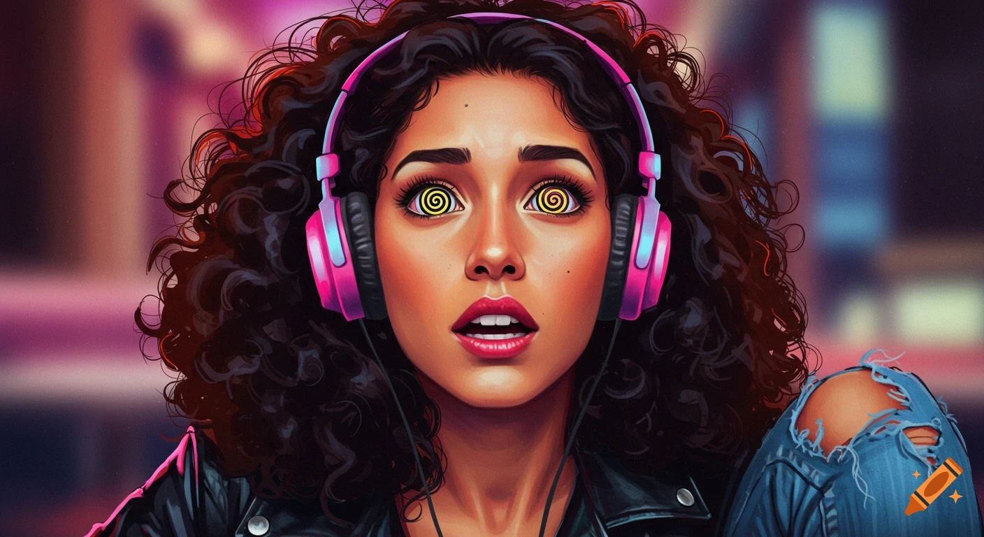 Close-up of a woman with curly hair wearing pink headphones, with spiral yellow eyes and an open mouth, against a neon-lit background, in a vibrant 80s poster art style.