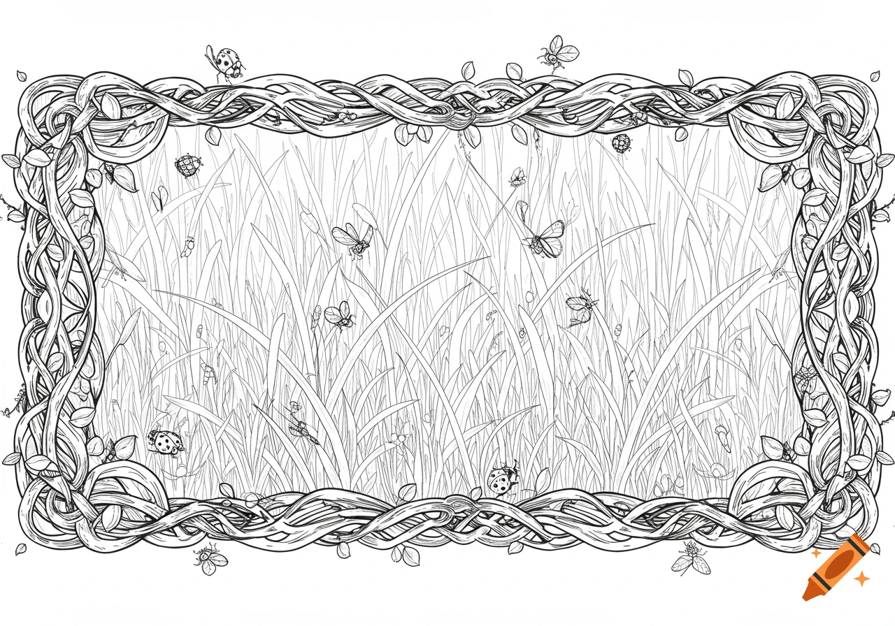 Black and white line art illustration of a grassy field with insects, framed by a woven vine border.