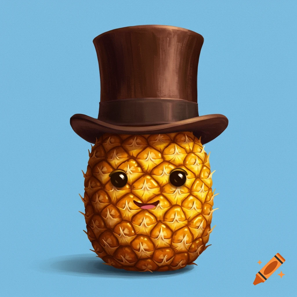 A cute, cartoon pineapple character wearing a brown top hat against a light blue background.