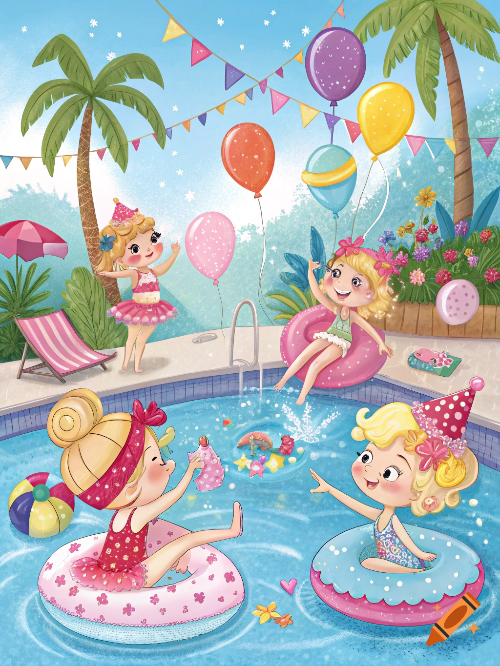 An illustration of cheerful girls at a colorful pool party with balloons and palm trees.