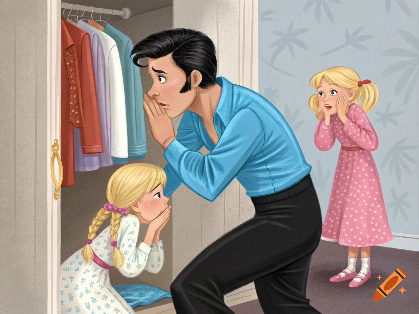 Cartoon illustration of Elvis Presley and two blonde girls playing hide-and-seek in a closet.