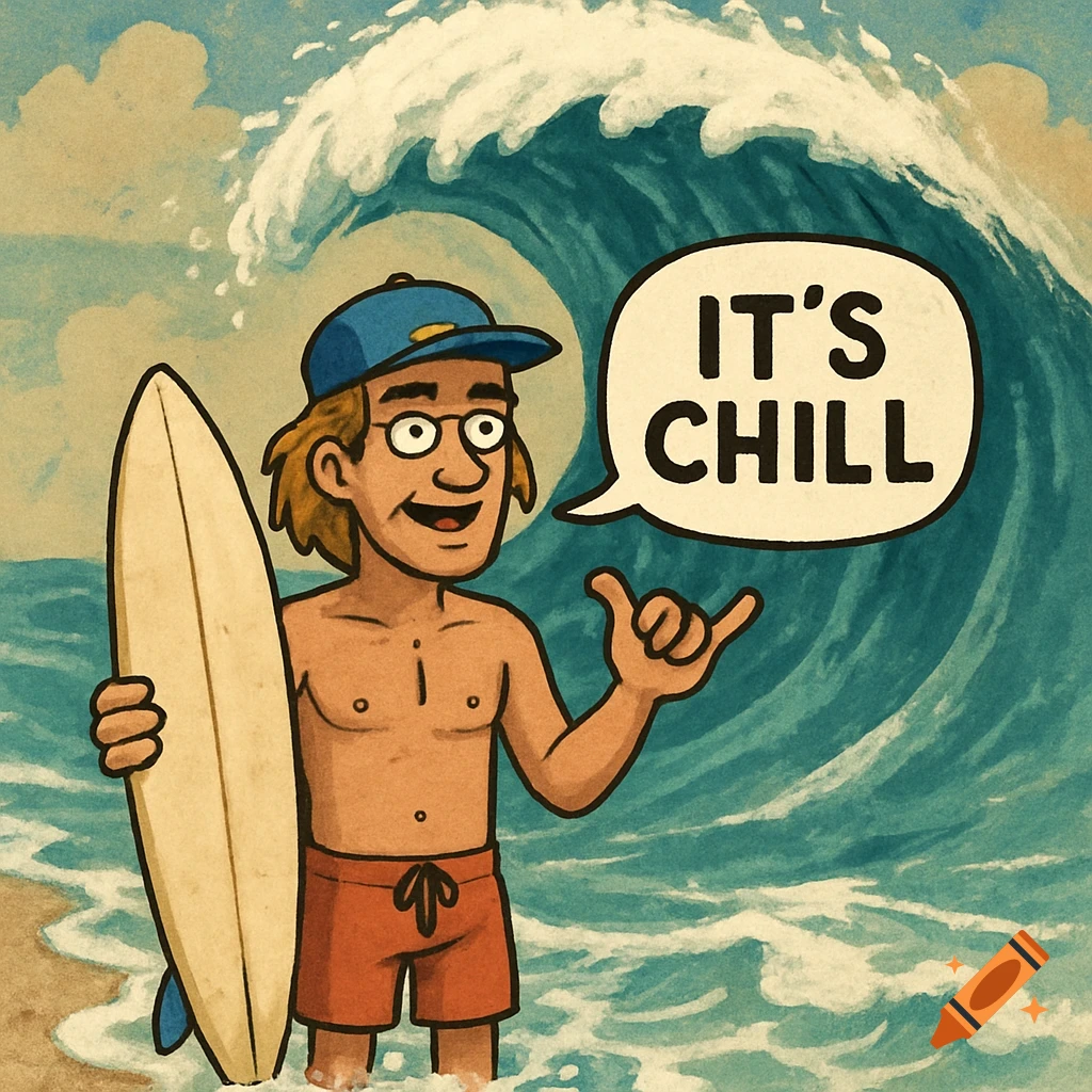 A cartoon surfer stands in the ocean with a large wave behind him, holding a surfboard and saying "IT'S CHILL".