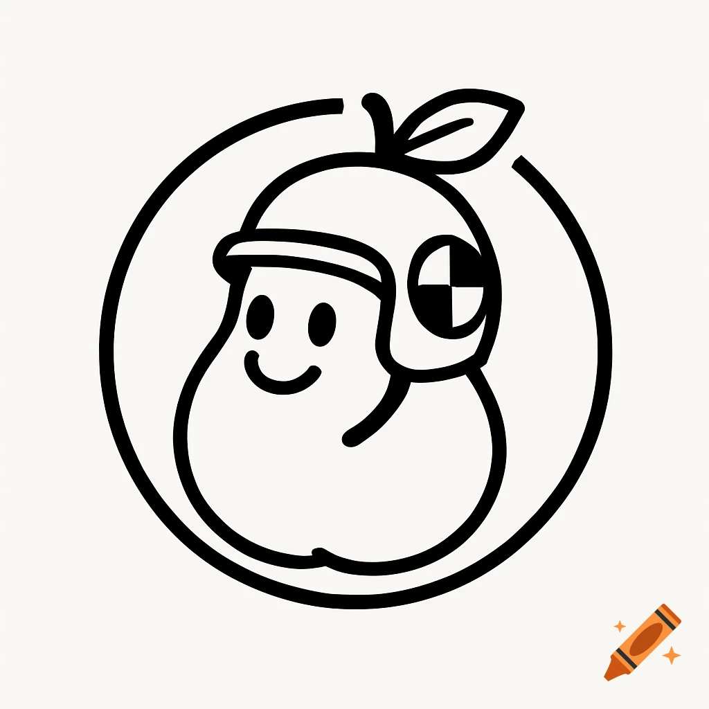 A simple line art logo of a cartoon pear wearing a crash test dummy helmet within a circle.