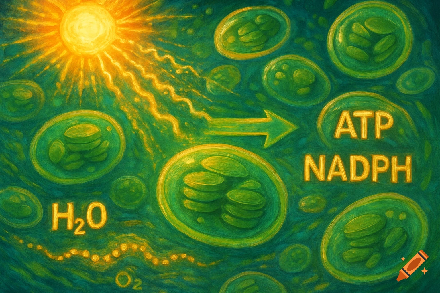 A vibrant, painterly illustration of the light reaction of photosynthesis showing sunlight, H2O, O2, ATP, and NADPH molecules with chloroplasts.