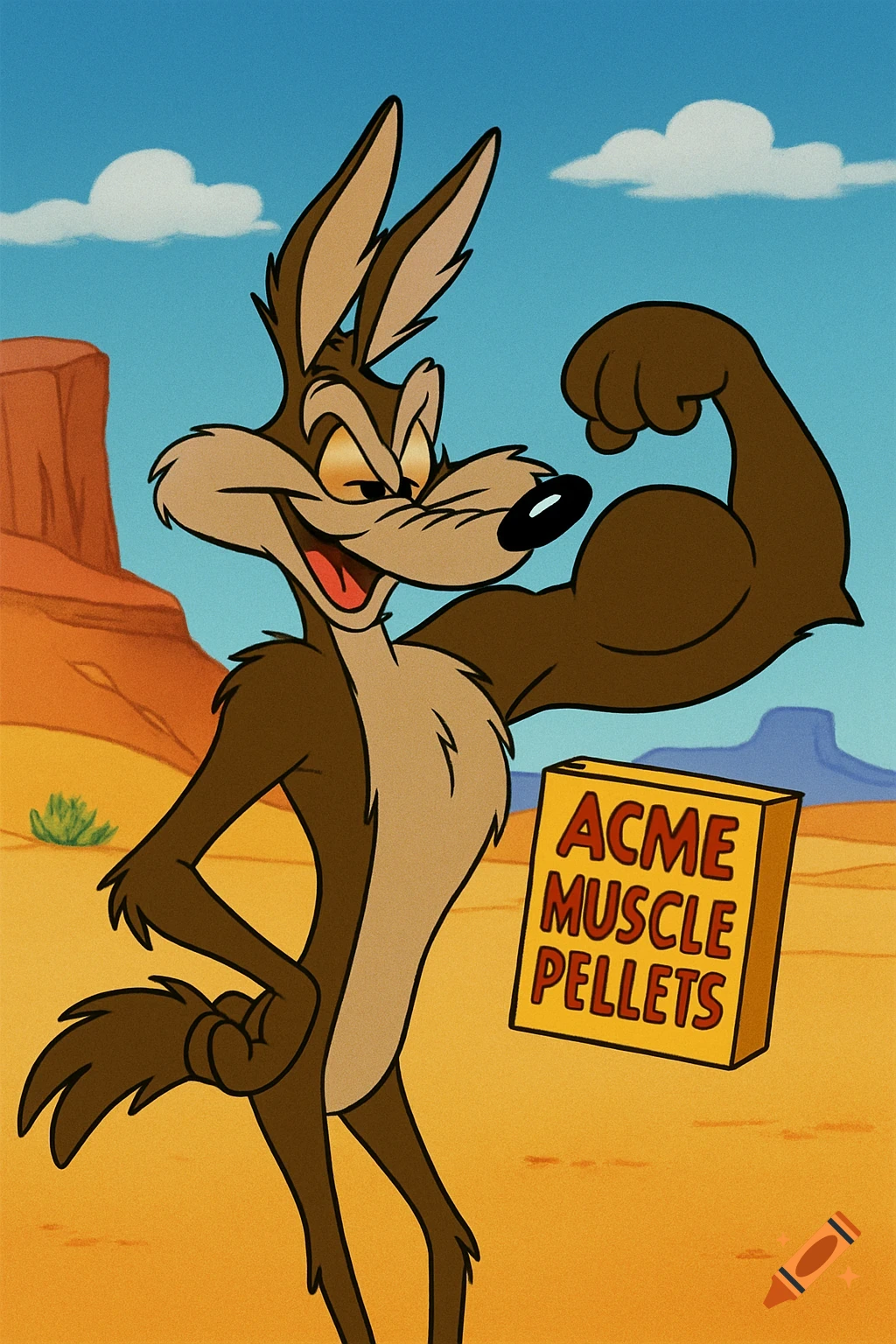 Wile E. Coyote flexes his bicep in a desert, proudly holding a box