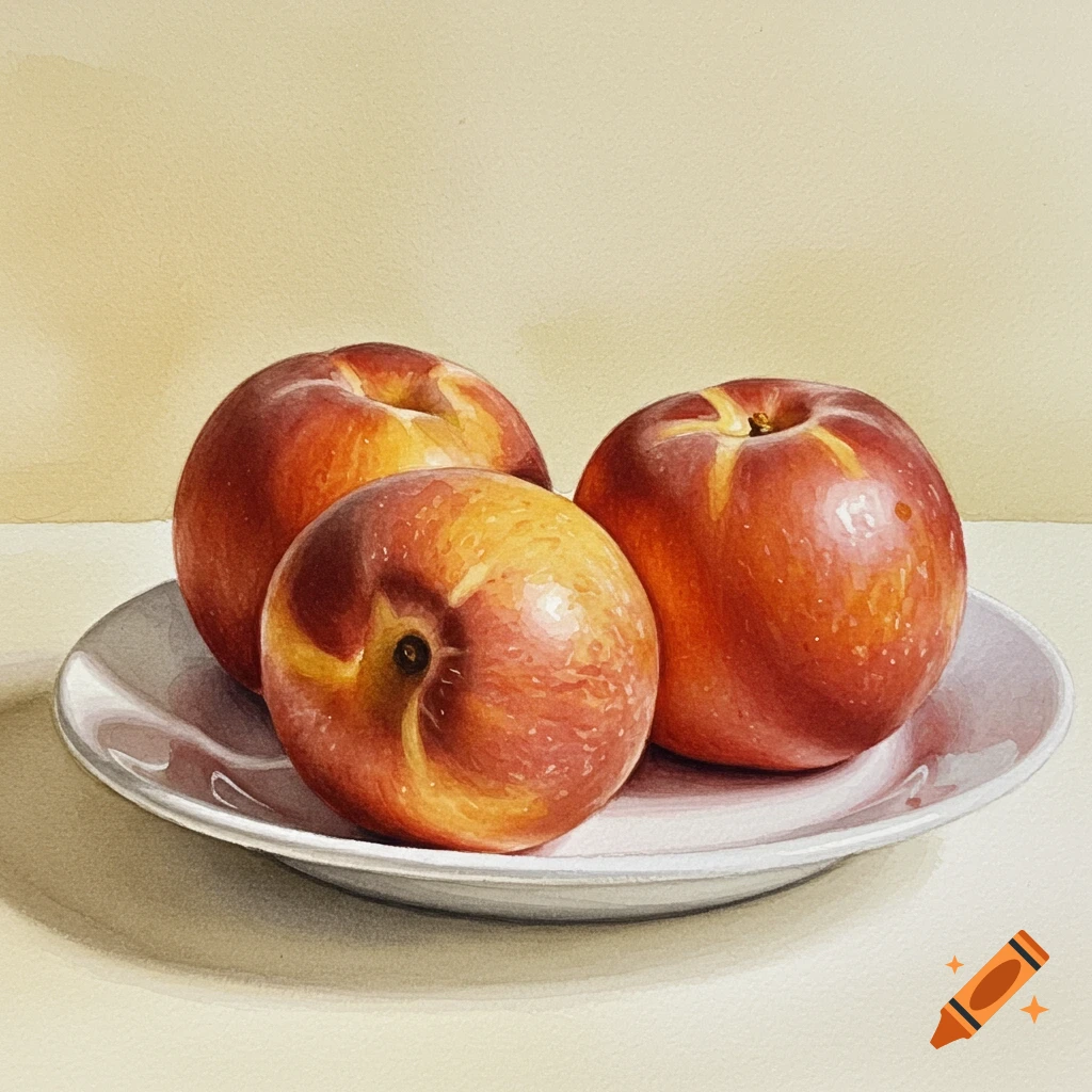 Three peaches on a white plate, rendered in a watercolor style.