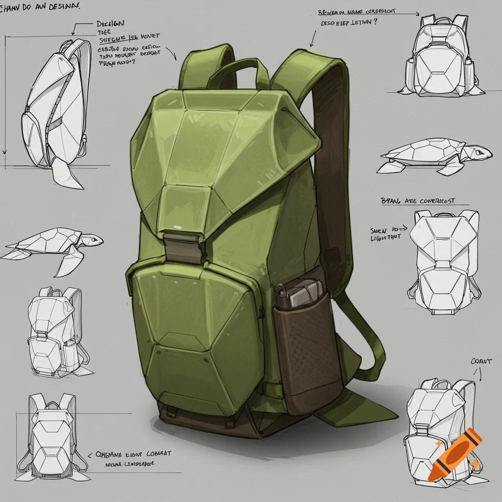 Detailed design sketches of an olive green backpack inspired by a turtle shell, with origami elements, shown from various angles.
