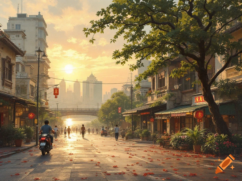 A busy Asian street scene at sunset, with traditional buildings, a large tree, people walking, and a person riding a scooter down the road.