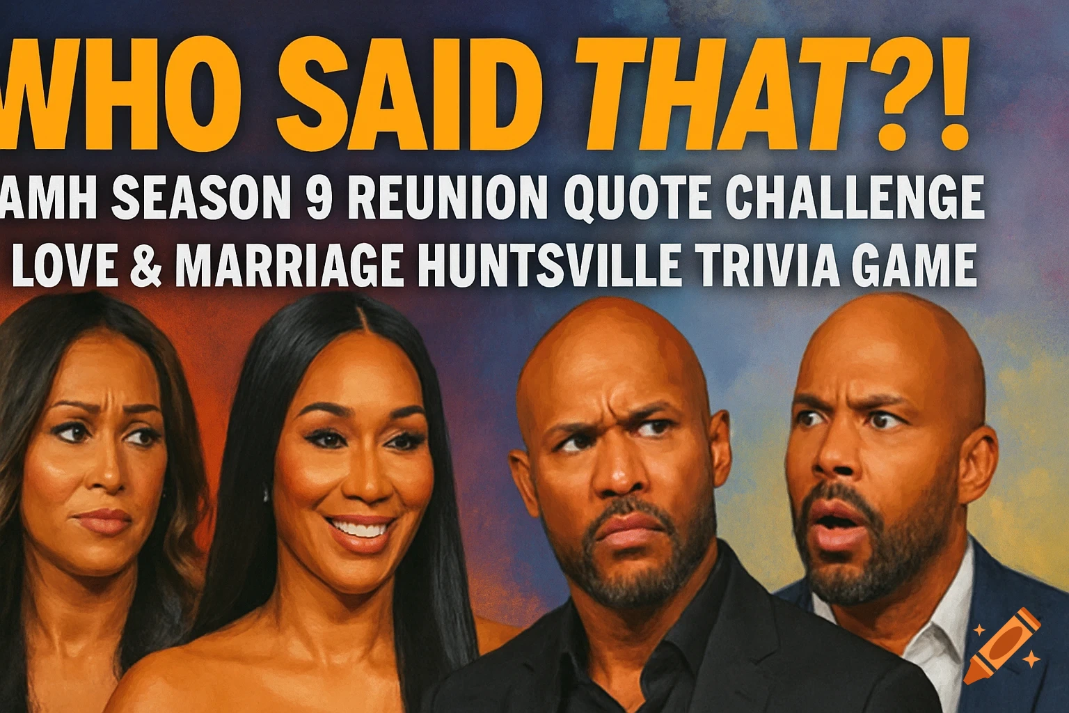 A thumbnail for a trivia game titled "WHO SAID THAT?!" featuring four people, two women and two men, looking directly or off-camera with various expressions.