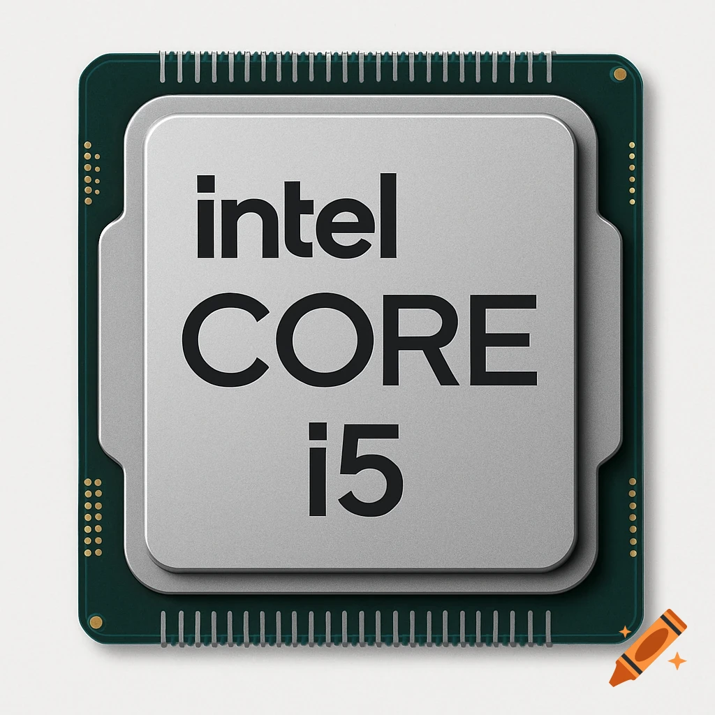 A photorealistic render of an Intel Core i5 processor, with a metallic heat spreader and green circuit board visible.