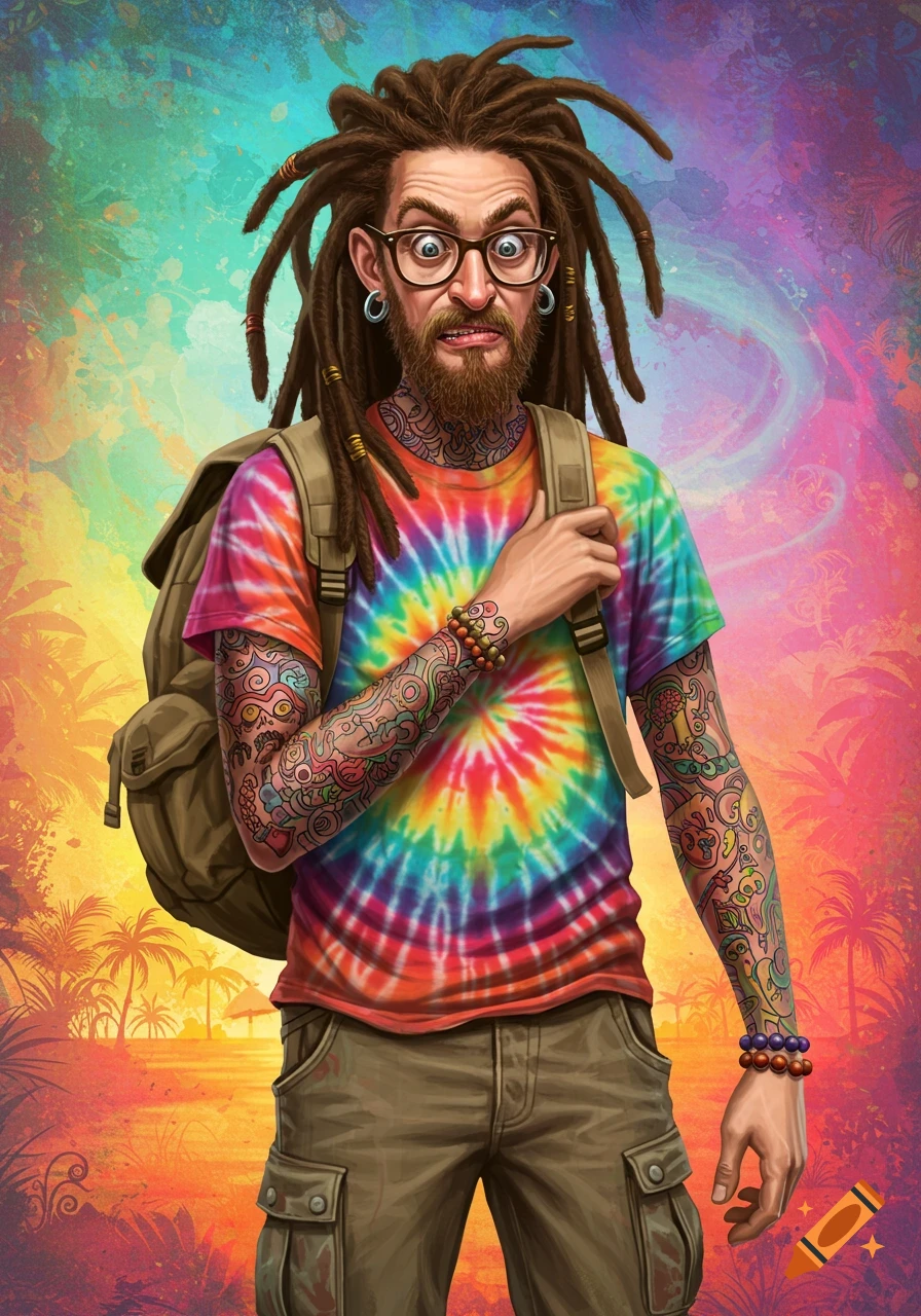 An illustrated man with dreadlocks, a beard, and glasses wears a tie-dye shirt and backpack, covered in colorful tattoos, against a vibrant, tropical background.