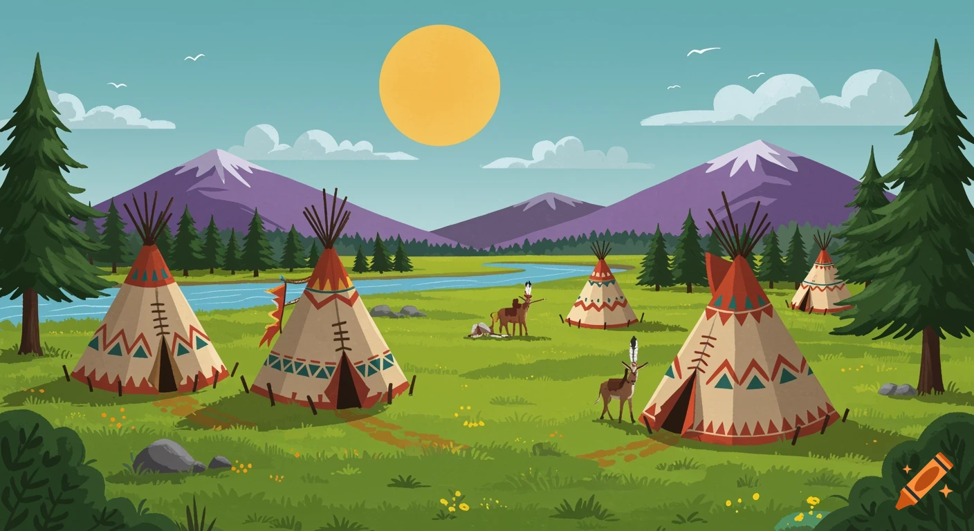 Children's book style illustration of a Native American landscape with teepees, a river, mountains, and a large sun.