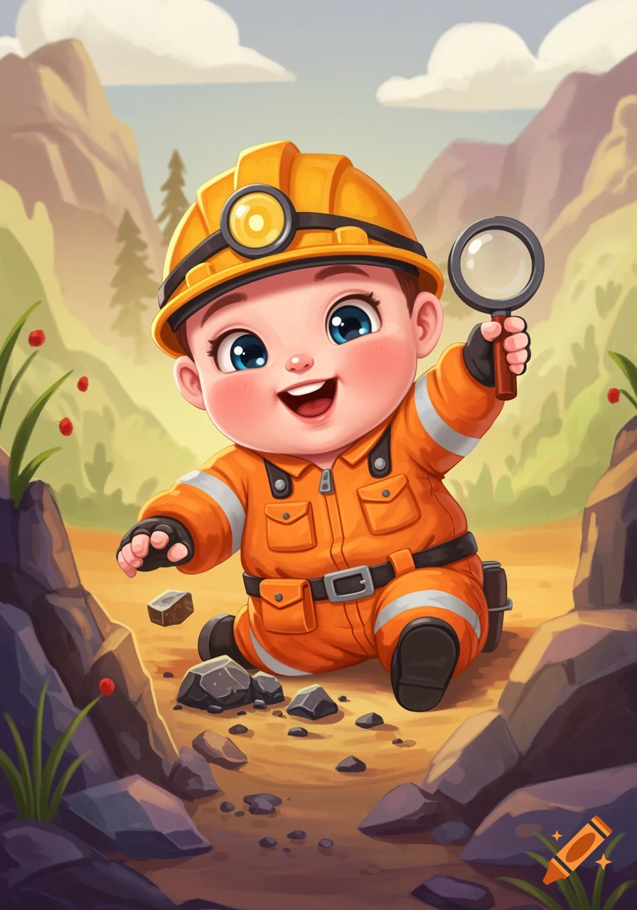 A cute cartoon baby geologist in an orange hard hat and jumpsuit, holding a magnifying glass and exploring rocks.