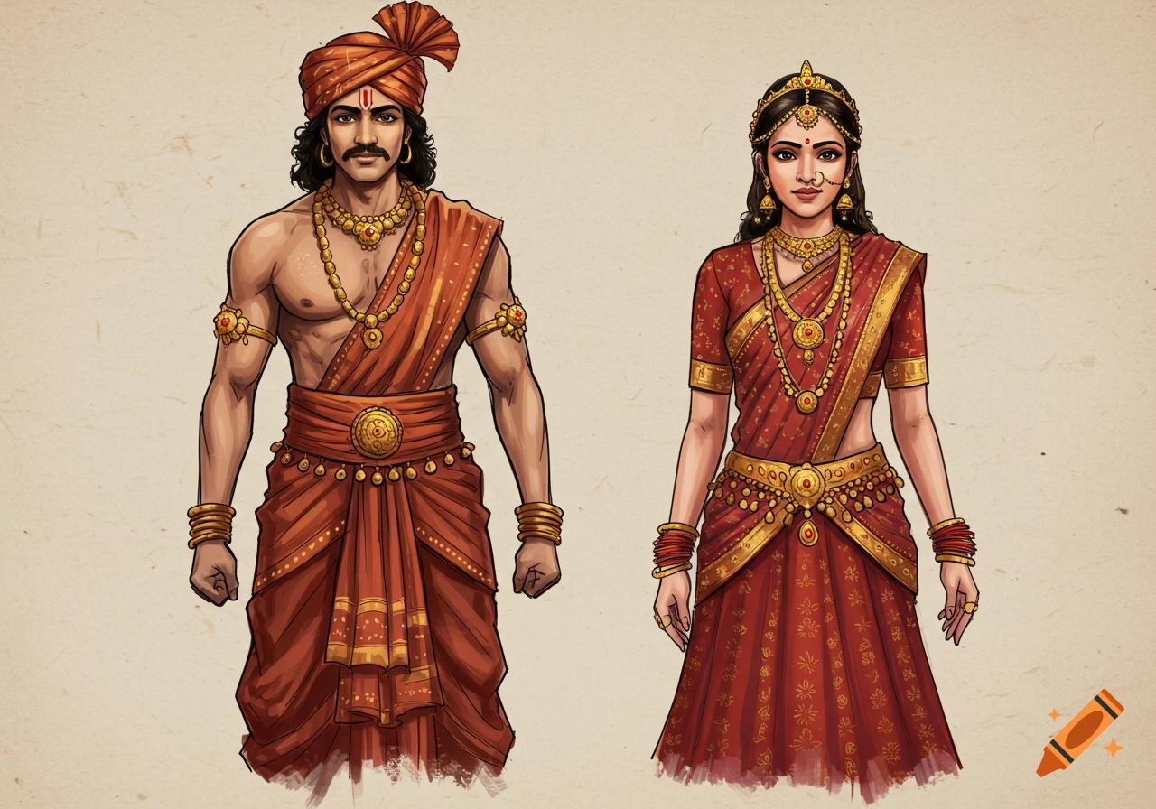 Two illustrated characters, a man and a woman, in ornate ancient-style red and gold costumes with extensive jewelry.