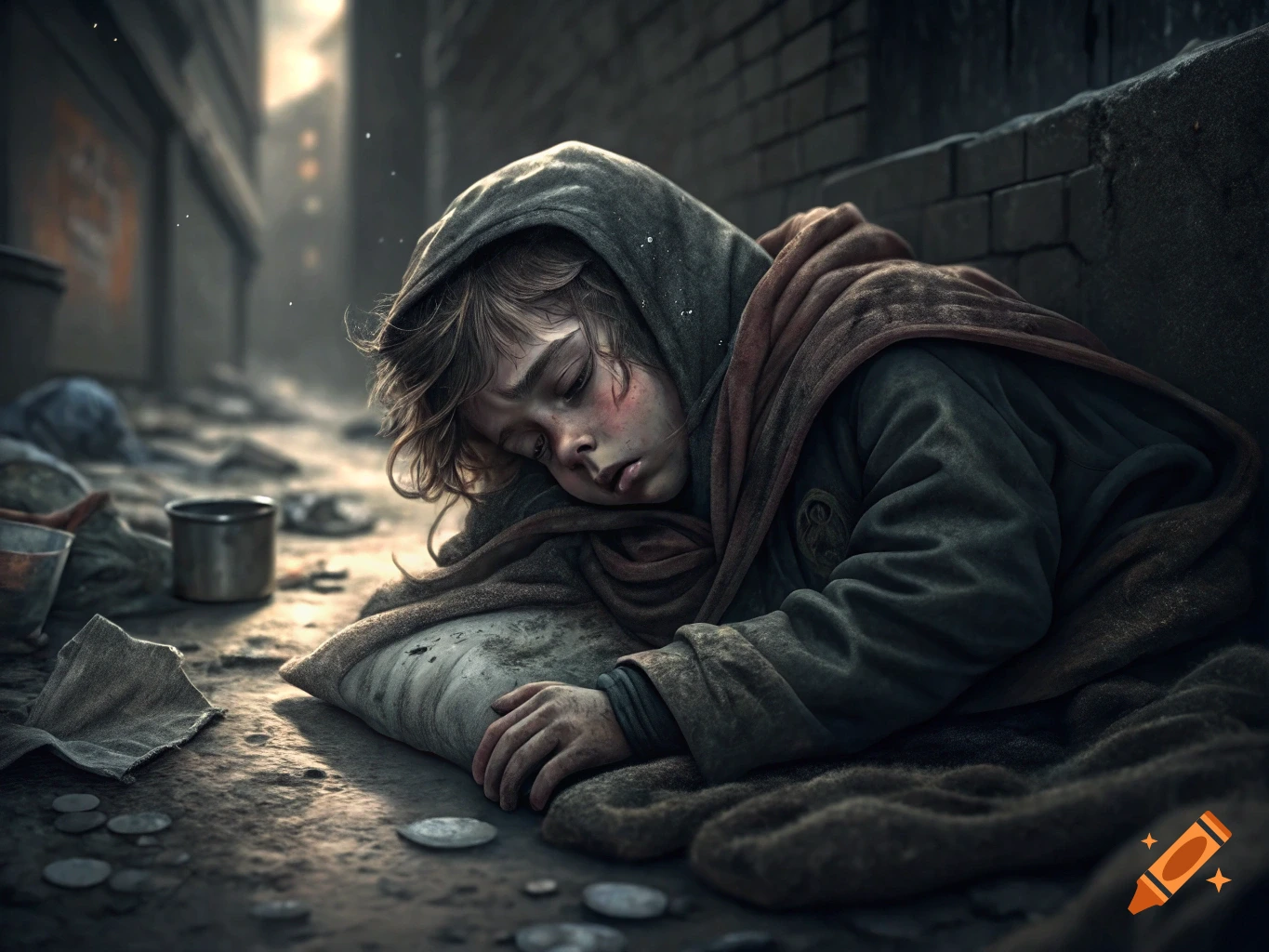A photorealistic image of a young child, appearing homeless, asleep on a dirty pillow and blankets on an urban street.