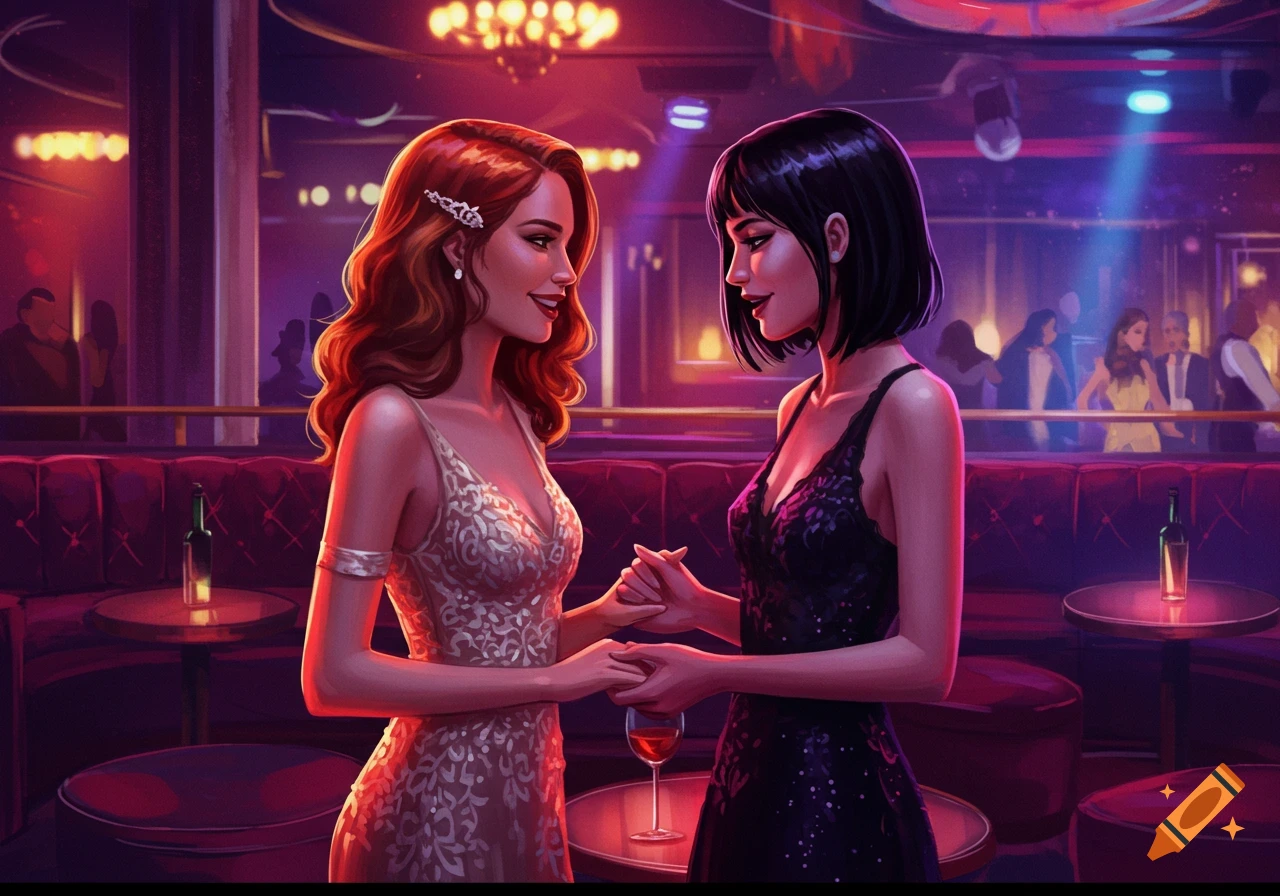 Two women in lace dresses hold hands, smiling at each other in a vibrant, purple-lit club lounge, digital art.
