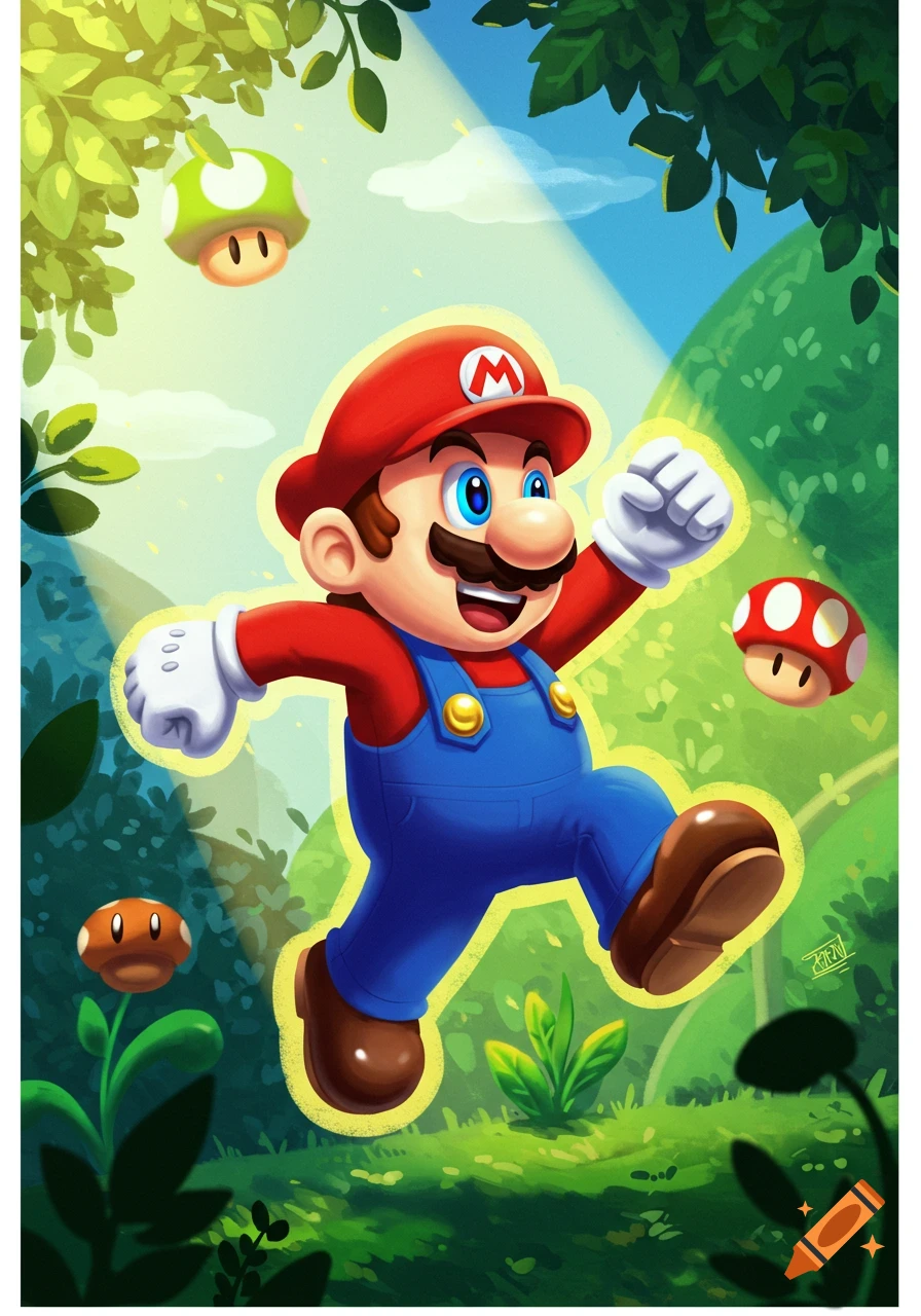 Vibrant illustration of Mario running through a lush green forest with mushrooms, bathed in sunlight.