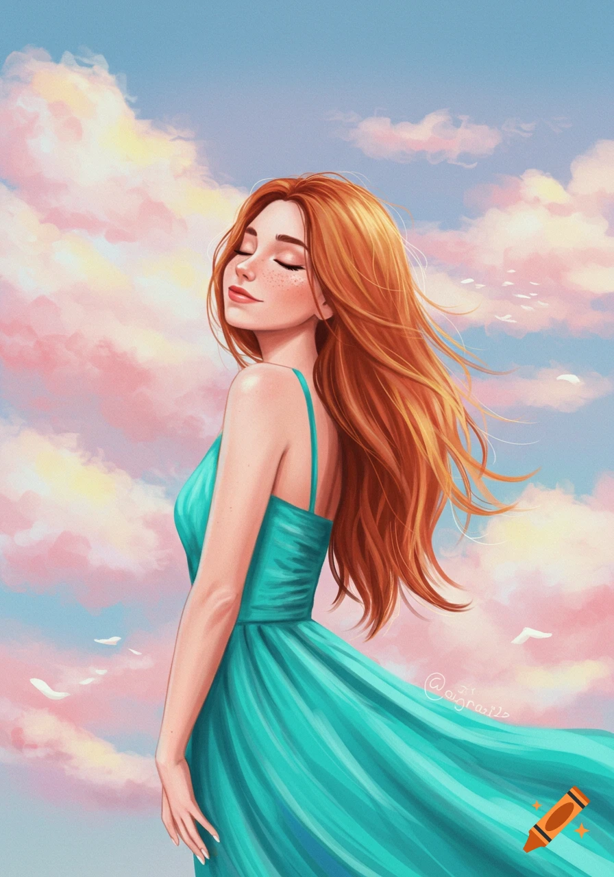 Digital painting of a woman with long red hair and freckles, wearing a teal dress, smiling with closed eyes against a pink and blue cloudy sky.