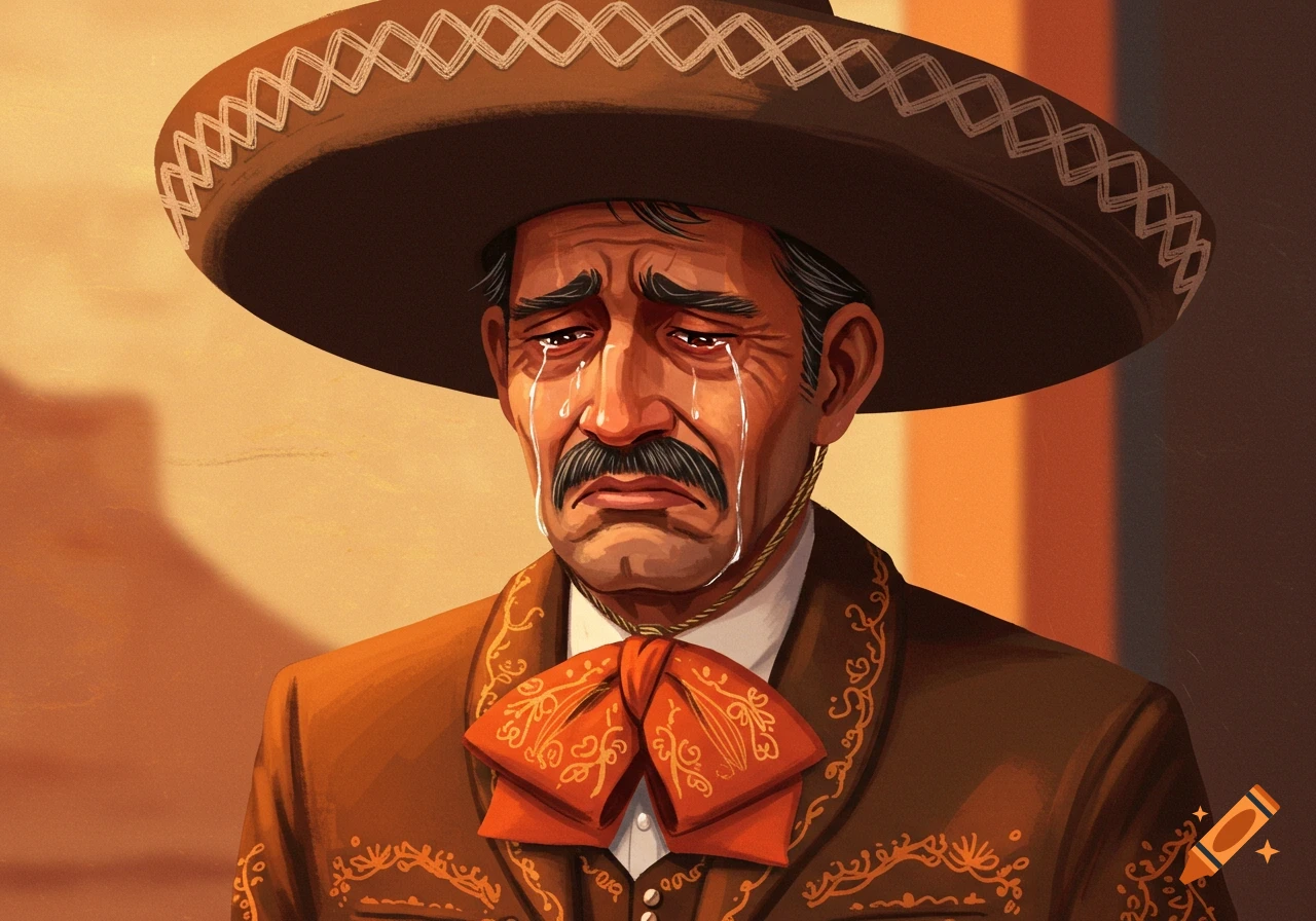 A sad man in a charro suit and sombrero cries with tears streaming down his face, in an illustrative style.