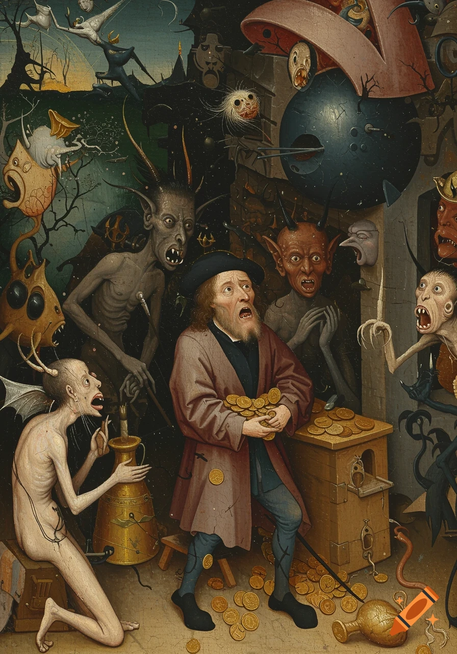 A man clutching gold coins is surrounded by grotesque demons and creatures in a dark, detailed painting in the style of Hieronymus Bosch.