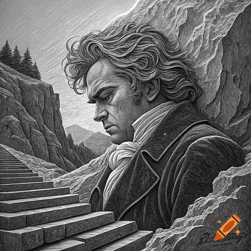 Black and white bas-relief engraving of Ludwig van Beethoven in a rocky landscape with stairs.