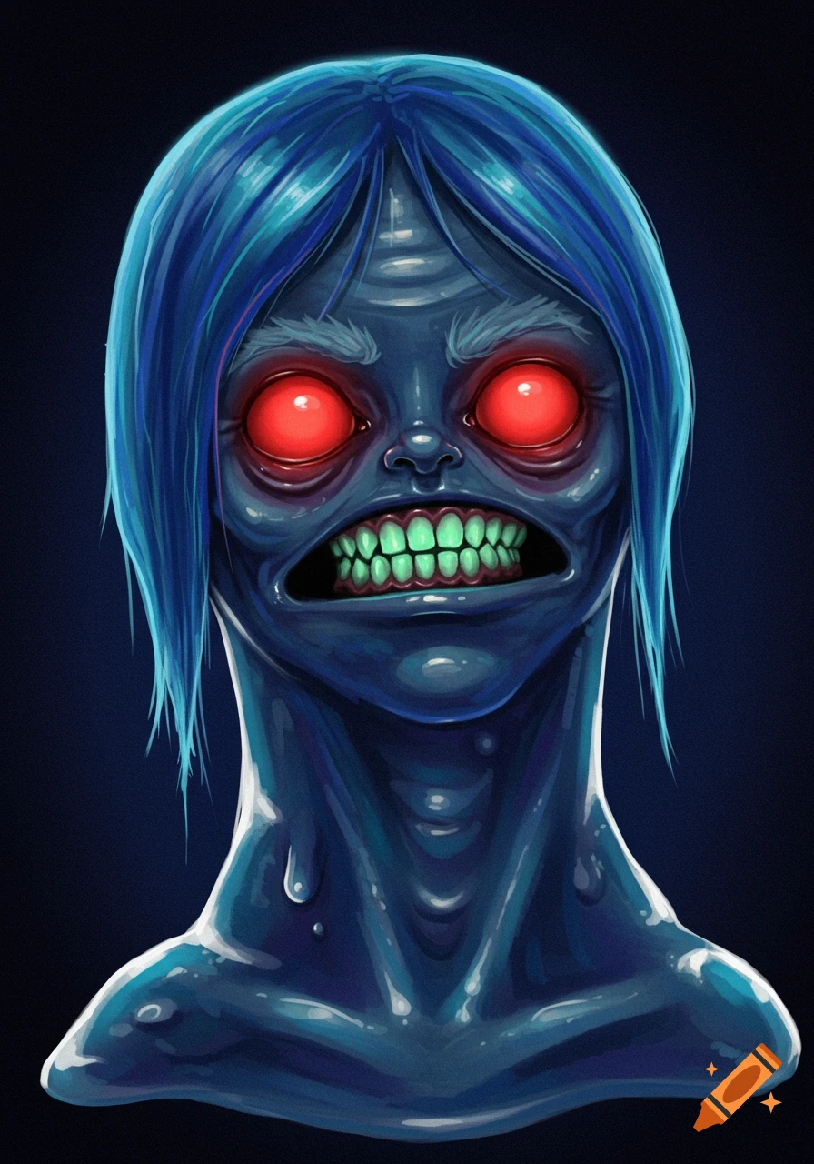 A blue-skinned monster with glowing red eyes, sharp green teeth, and blue hair, rendered in a shiny digital art style.