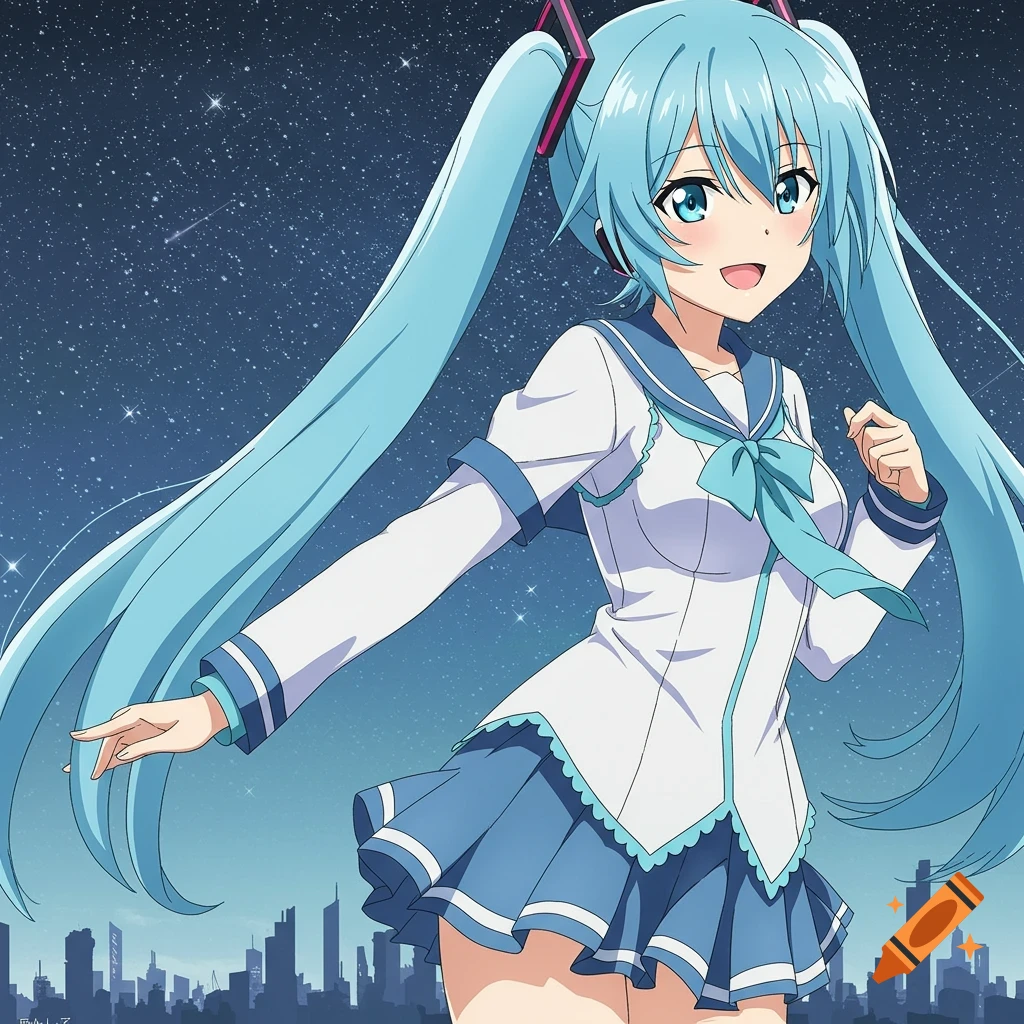 Anime girl resembling Hatsune Miku with light blue twin-tails and a sailor uniform, smiling against a starry sky with a city silhouette.